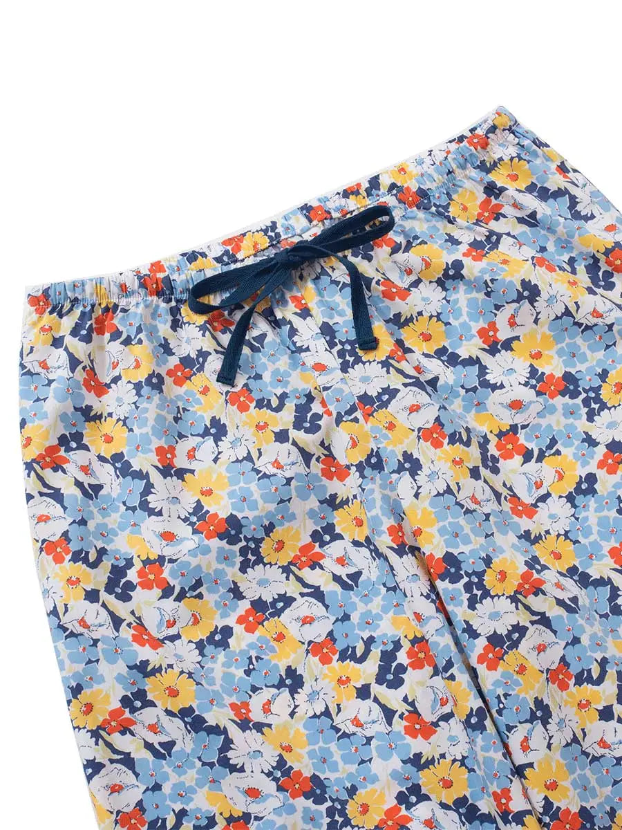 floral petite pyjama bottoms short length blue flat waistband drawstring detail