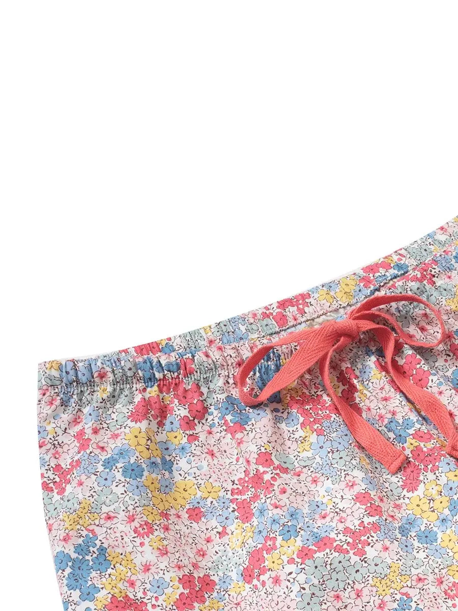 Pink floral petite pyjama bottoms short length — flat lay, waistband and drawstring details