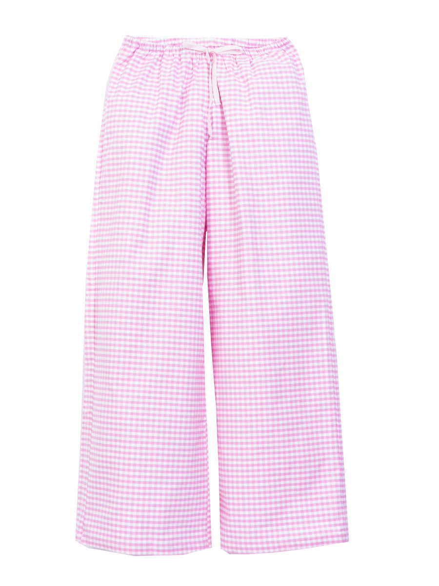 Pink gingham cotton Oxford petite pyjama bottoms short length - flat lay, front