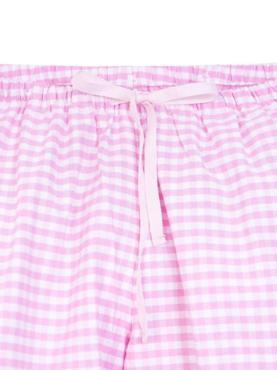 Pink gingham cotton Oxford petite pyjama bottoms short length - flat lay, waistband and drawstring detail