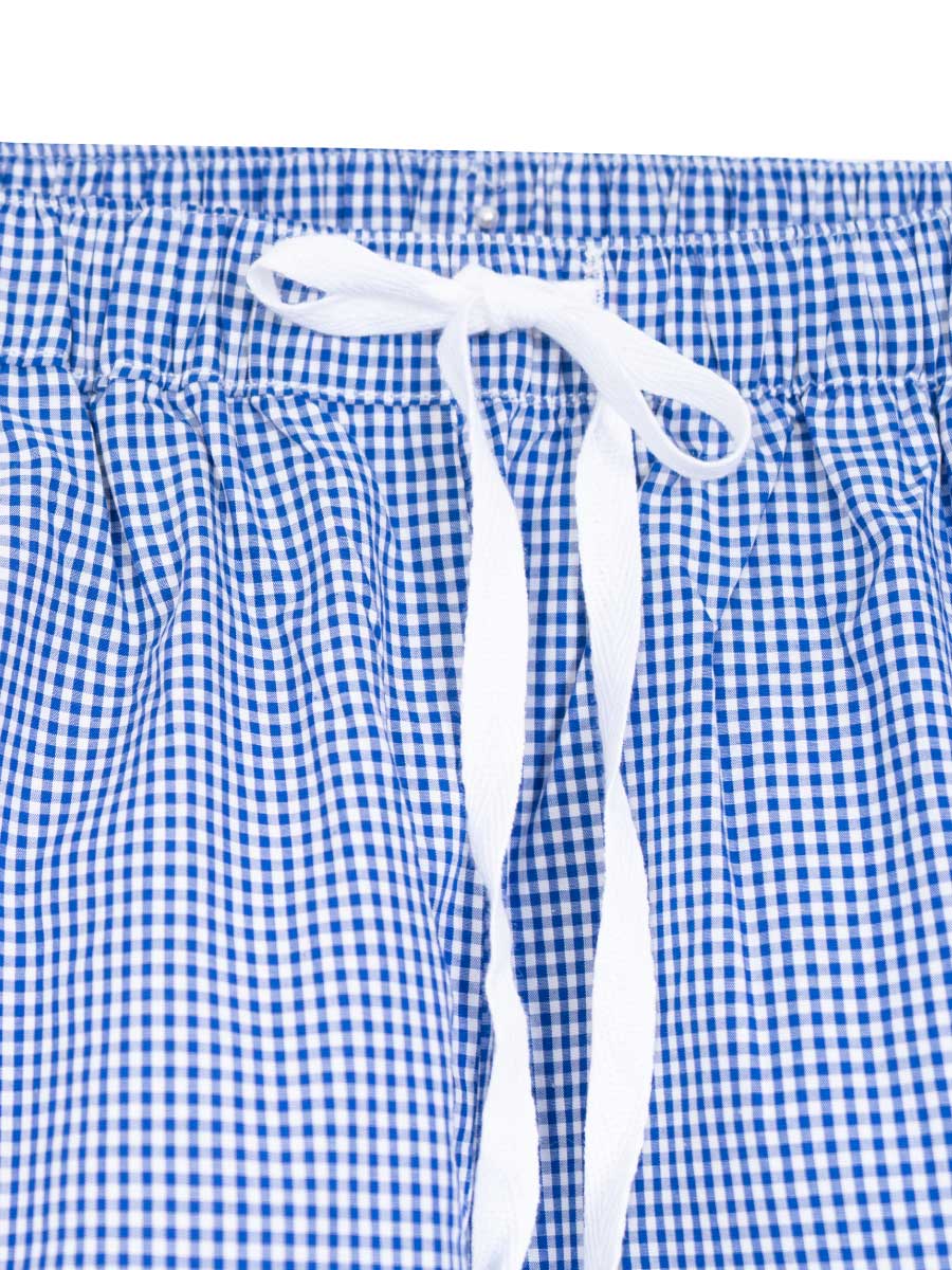 Navy Blue gingham petite pyjama bottoms short length — flat lay, waistband and drawstring detail