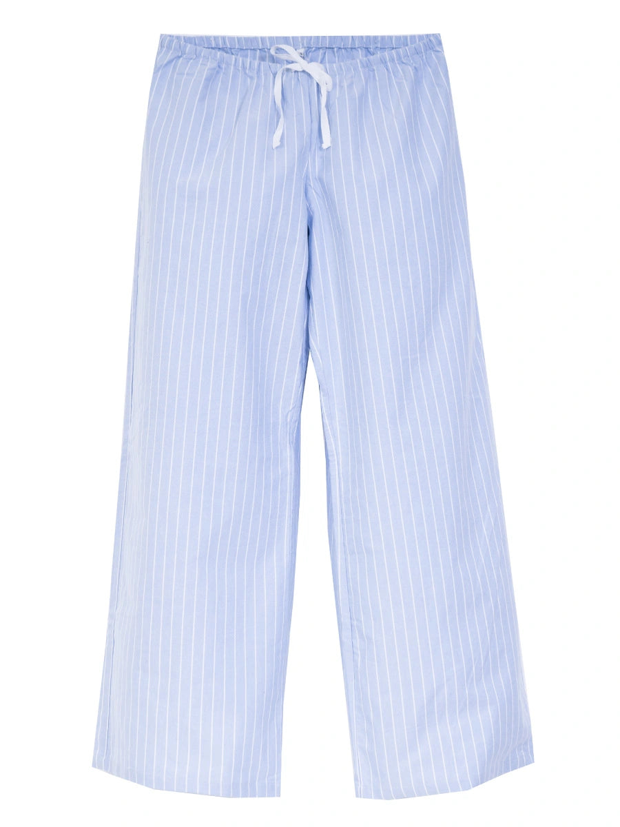 Blue pinstriped cotton oxford petite pyjama bottoms short length - flat lay, front