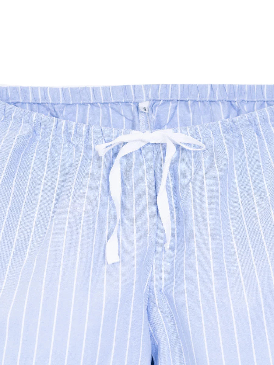 Blue pinstriped cotton oxford petite pyjama bottoms short length - flat lay, waistband and drawstring detail