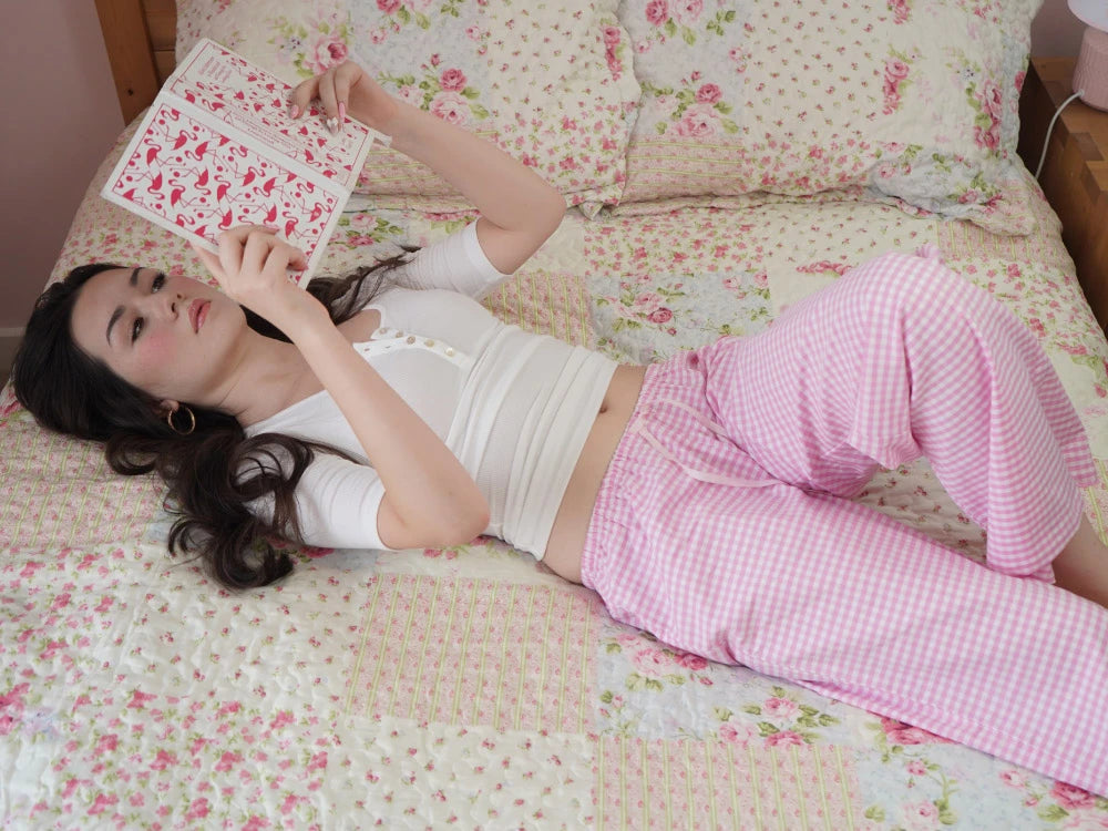 Pink pinstriped cotton oxford petite pyjama bottoms short length - on model