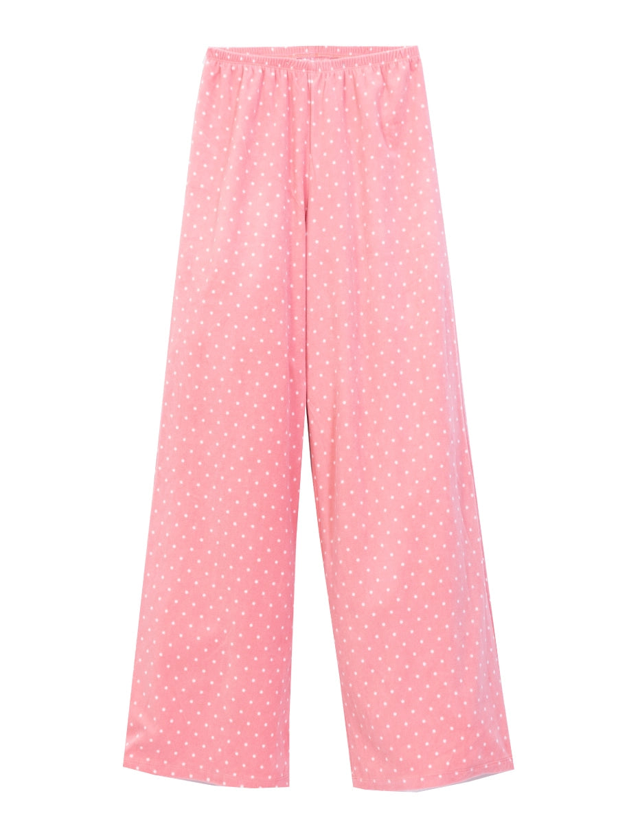 Peach polka dot fleece petite pyjama bottoms short length - flat lay, front