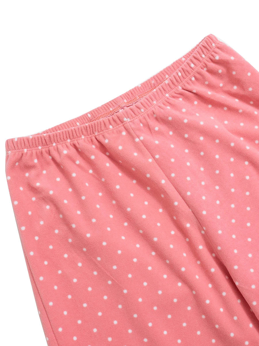Peach polka dot fleece petite pyjama bottoms short length — flat lay, waistband and button detail