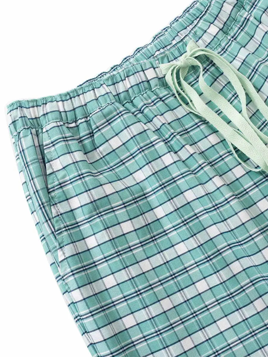 Mint tartan cotton oxford petite pyjama bottoms short length - flat lay, waistband and drawstring detail