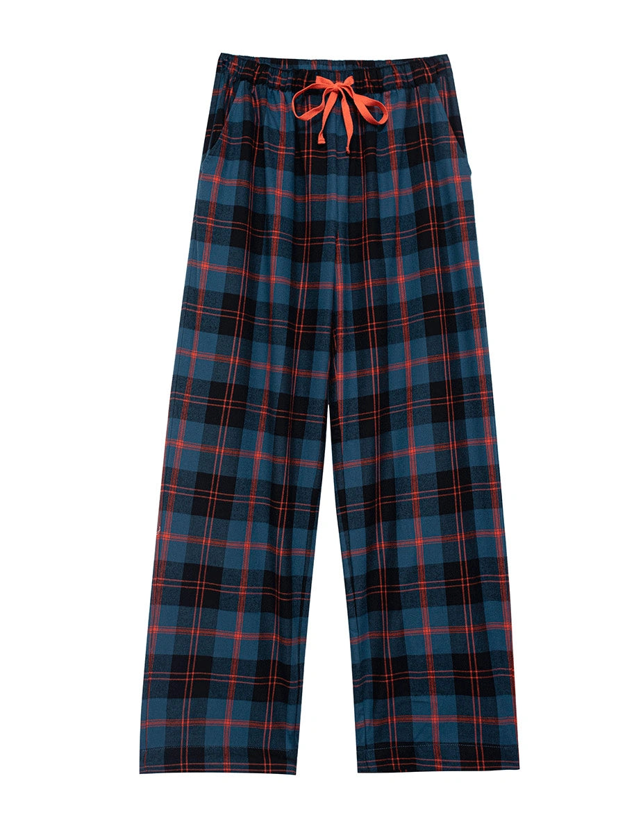 Cerulean Blue tartan petite pyjama bottoms short length — flat lay, front