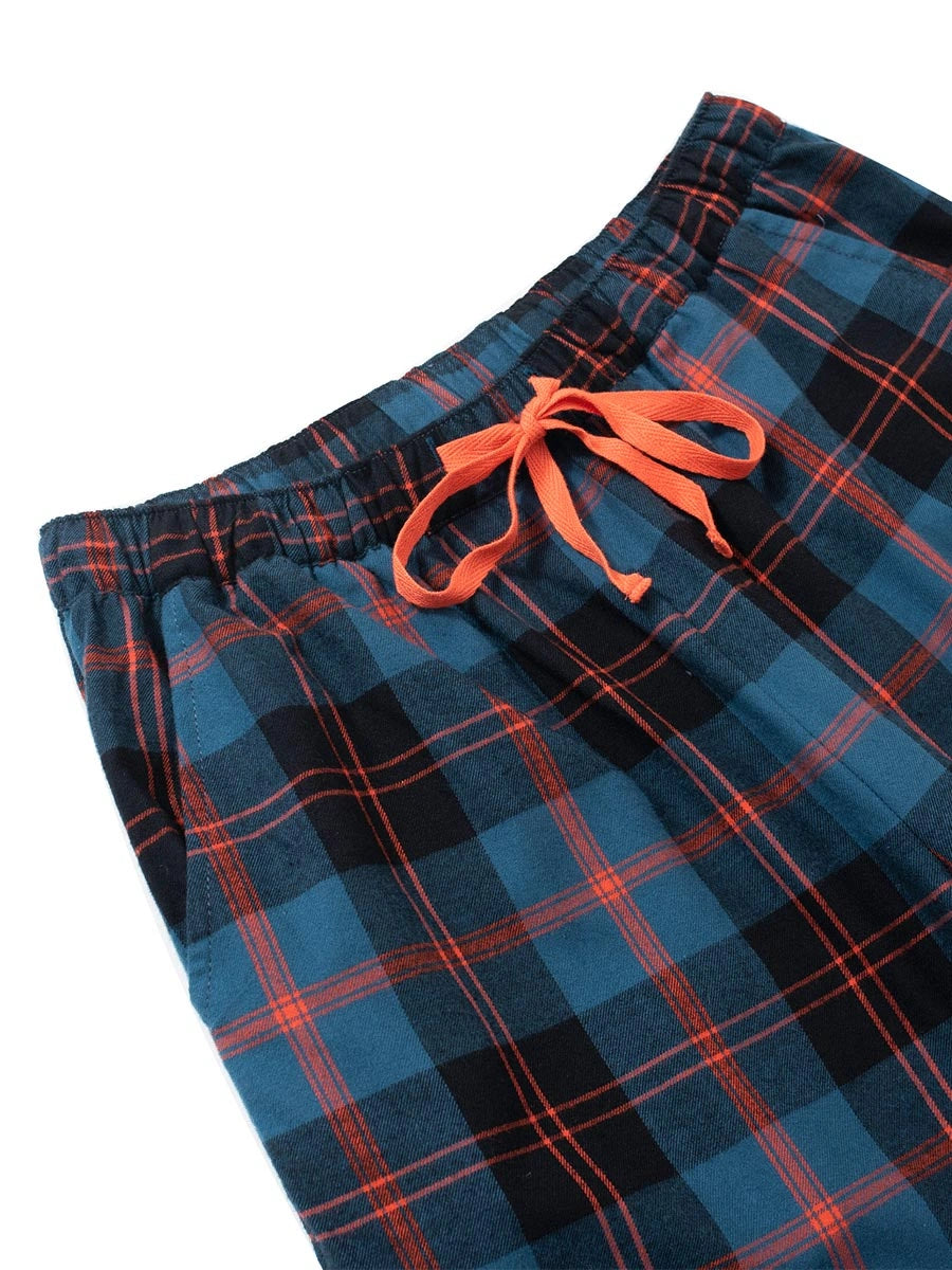 Cerulean Blue tartan petite pyjama bottoms short length — flat lay, waistband and drawstring detail