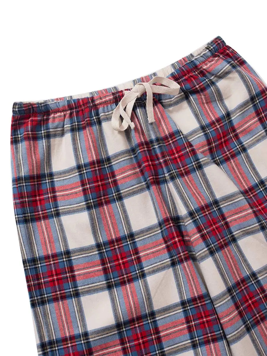 Red & Cream tartan petite pyjama bottoms short length — flat lay, waistband and drawstring detail