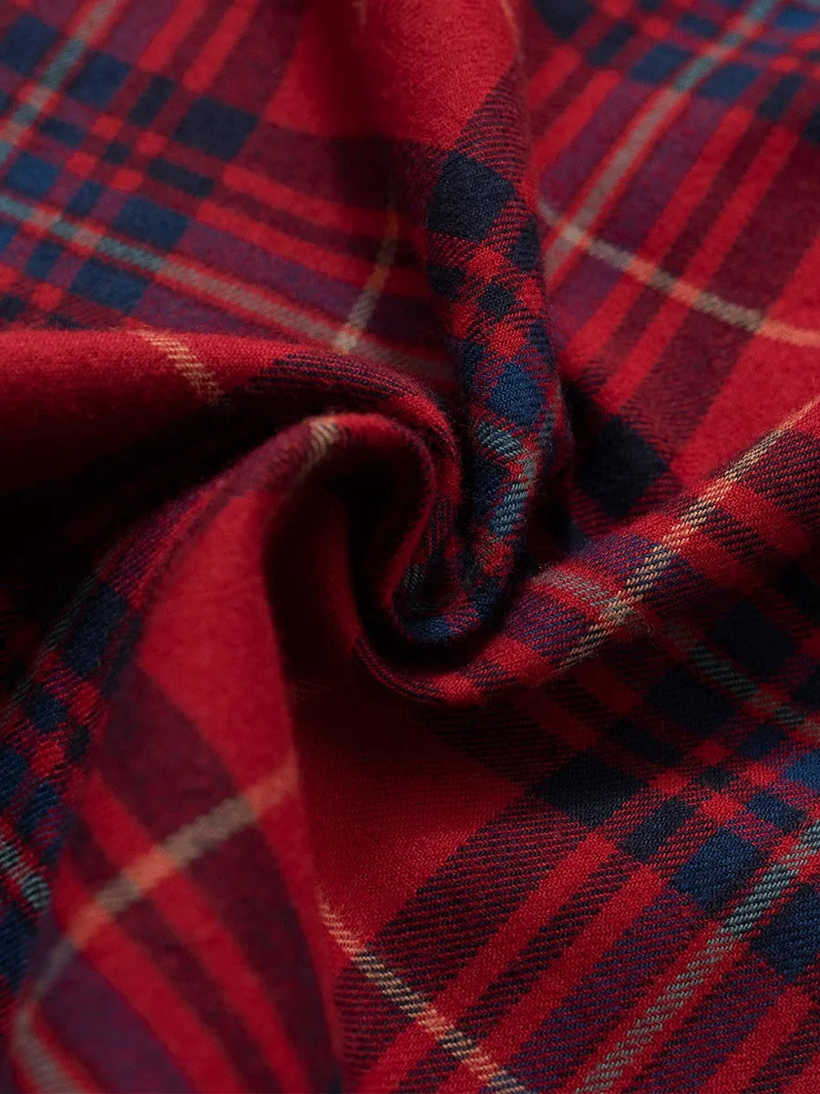 Red tartan petite pyjama bottoms short length — fabric close-up