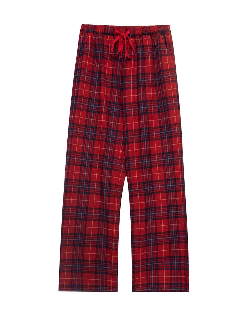 Red tartan petite pyjama bottoms short length — flat lay, front view