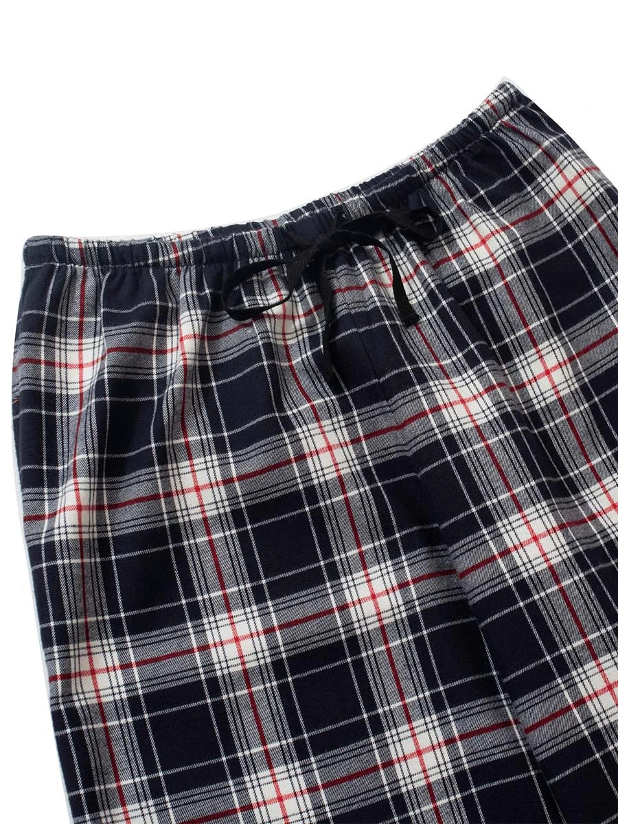 Blue & Red tartan plaid petite pyjama bottoms short length — flat lay, waistband and tie details