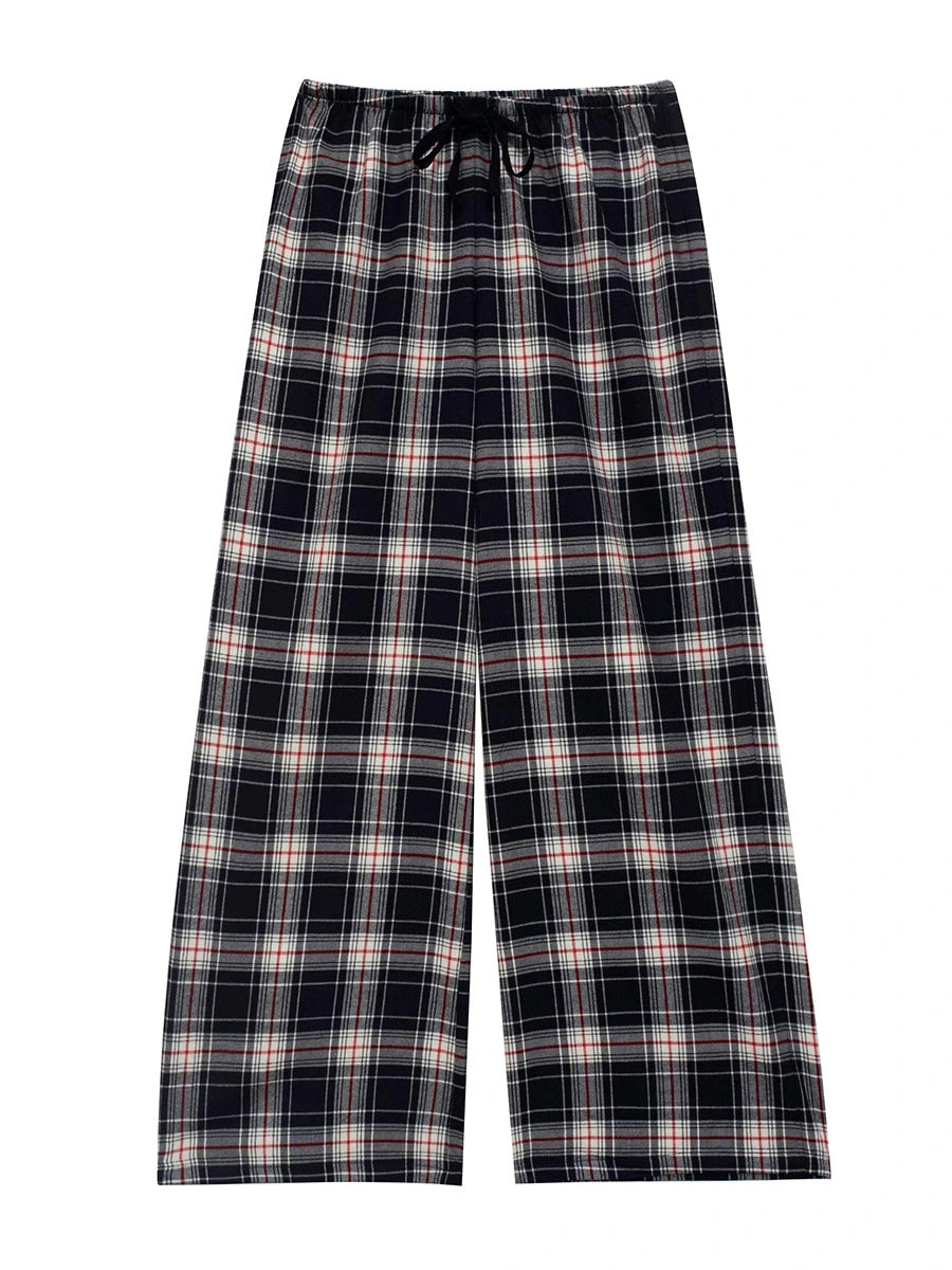 Blue & Red tartan plaid petite pyjama bottoms short length -flatlay, front view